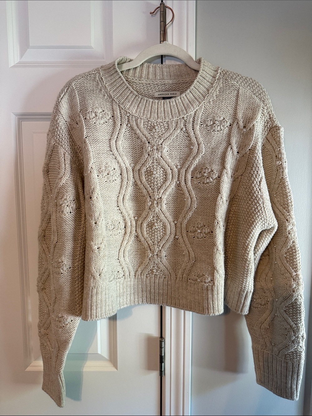 American Eagle Outfitters Oatmeal Cable Knit Crewneck Sweater